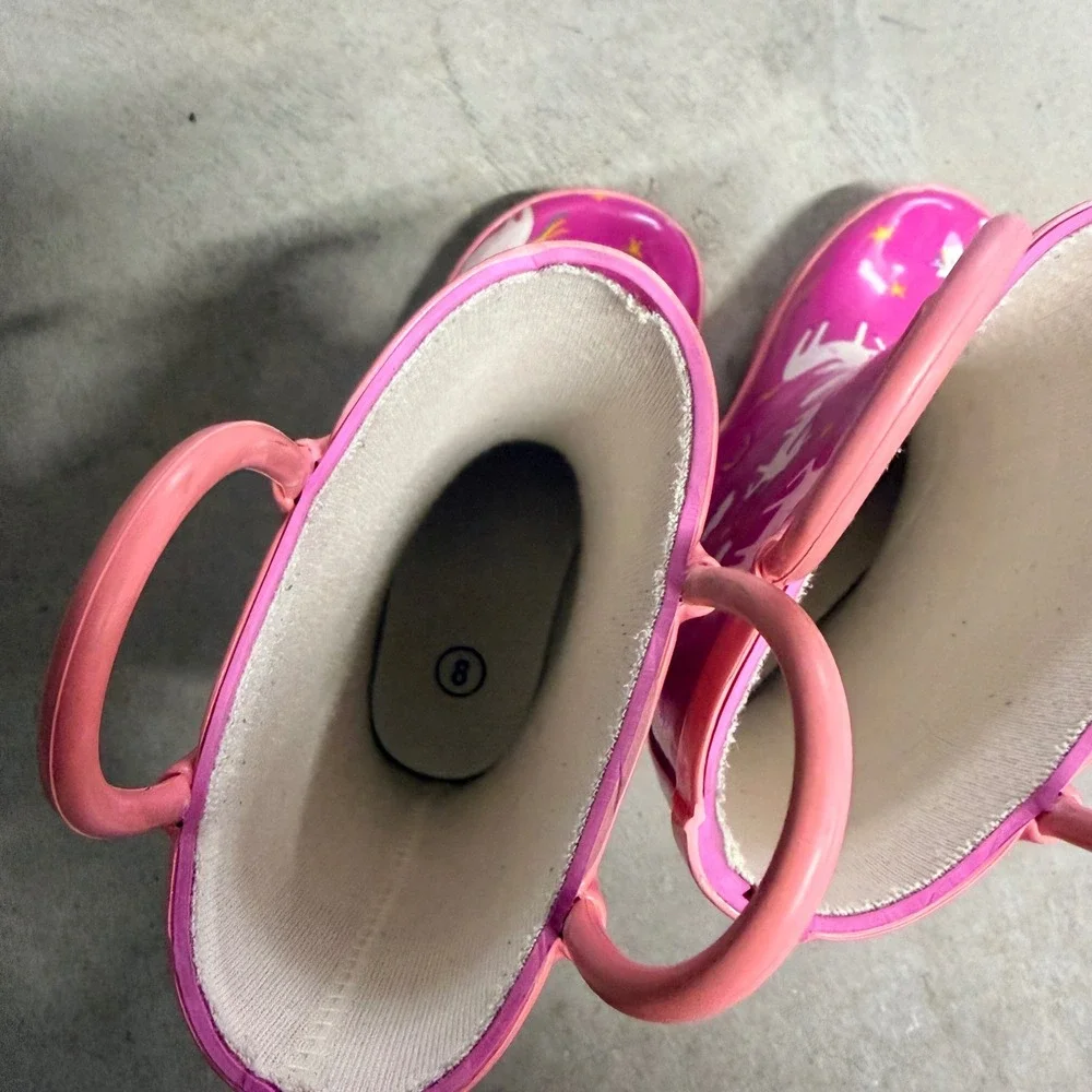 Rain Boots Pink Unicorn Rainbow Pull On Toddler Kids Size 8